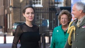 LONDON, ENGLAND - SEPTEMBER 8: UN Special Envoy, Angelina Jolie is greeted by UK Vice Chief of the Defence Staff General Sir Gordon Messenger at the UN Peacekeeping Defence Ministerial at Lancaster House on September 8, 2016 in London, England. (Photo by Stefan Rousseau - WPA Pool/Getty Images)