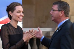 LONDON, ENGLAND - SEPTEMBER 8: UN Special Envoy, Angelina Jolie speaks to US Defence Secretary Ash Carter at the UN Peacekeeping Defence Ministeriall at Lancaster House on September 8, 2016 in London, England. (Photo by Stefan Rousseau - WPA Pool/Getty Images)