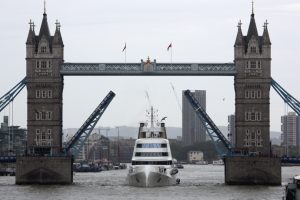 September 3, 2016 - London, London, UK - A striking luxury motor yacht known simply as A has sailed up the Thames and under Tower Bridge. Designed by Philippe Starck and built in 2008, the unconventional 119m long luxury yacht has a distinctive knife-like hull. The $300million yacht was built for Russian billionaire Andrey Melnichenko but it was reported earlier this year he was selling the vessel after having a new, even bigger, $450 million yacht built. Credit: Rob Powell/LNP (Credit Image: Global Look Press via ZUMA Press)