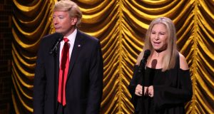 THE TONIGHT SHOW STARRING JIMMY FALLON -- Episode 0520 -- Pictured: (l-r) Host Jimmy Fallon as Donald Trump sings a song with Barbra Streisand on August 25, 2016 -- (Photo by: Andrew Lipovsky/NBC)