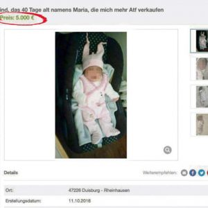 Pic shows: The newborn baby that has been offered for sale on Ebay. Police are investigating after a baby girl was put up for sale on the eBay online auction website. The one-month-old tot, called Maria, was put up for sale with offers invited over 5,000 EUR (4,510 GBP). According to the listing, which was taken down by eBay within 30 minutes, Maria lives in the city of Duisburg in western Germany's state of North Rhine-Westphalia. The seller included photographs of dark-haired Maria wearing a variety of sleepsuits in the listing which was entitled: "Child, 40 days old named Maria… for sale." The listing quickly went viral on social media and internet forums where users were scandalised that somebody would post such a listing. eBay spokesman Pierre Du Bois said the company removed the listing and informed the police as soon as they were aware of the matter. He said: "We received a lot of complaints from users and we immediately pursued the matter. In such a case, we provide the authorities with all available information." It is not yet clear whether the eBay seller really wanted to make money out of the baby or whether it was all just a bad joke. Mr Du Bois said that eBay suffered from its fair share of hoax listings including both bad jokes and attempts to defraud users. "We immediately ban these providers. We have specially trained teams which keep track on such cases and quickly react," he said. (ends)