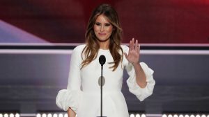 CLEVELAND, OH - JULY 18: Melania Trump, wife of Presumptive Republican presidential nominee Donald Trump, waves to the crowd after delivering a speech on the first day of the Republican National Convention on July 18, 2016 at the Quicken Loans Arena in Cleveland, Ohio. An estimated 50,000 people are expected in Cleveland, including hundreds of protesters and members of the media. The four-day Republican National Convention kicks off on July 18. (Photo by Alex Wong/Getty Images)