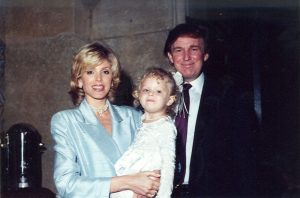 Portrait of Marla Maples and her husband, Donald Trump, with their daughter Tiffany, as they pose together at the Mar-a-Lago estate, Palm Beach, Florida, 1996.