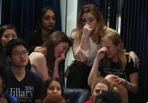 Supporters of Hillary Clinton react at her election night rally in Manhattan, New York. REUTERS/Lucy Nicholson