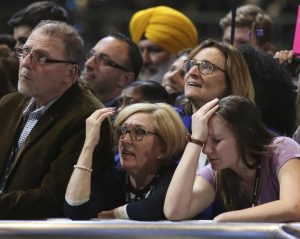 Supporters of Hillary Clinton watch results at the election night rally in New York. REUTERS/Adrees Latif