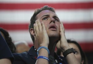 A supporter of Hillary Clinton reacts at the election night rally the Jacob K. Javits Convention Center in New York. REUTERS/Adrees Latif