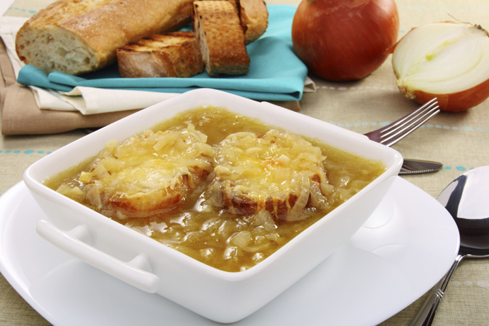 Onion soup with croutons.